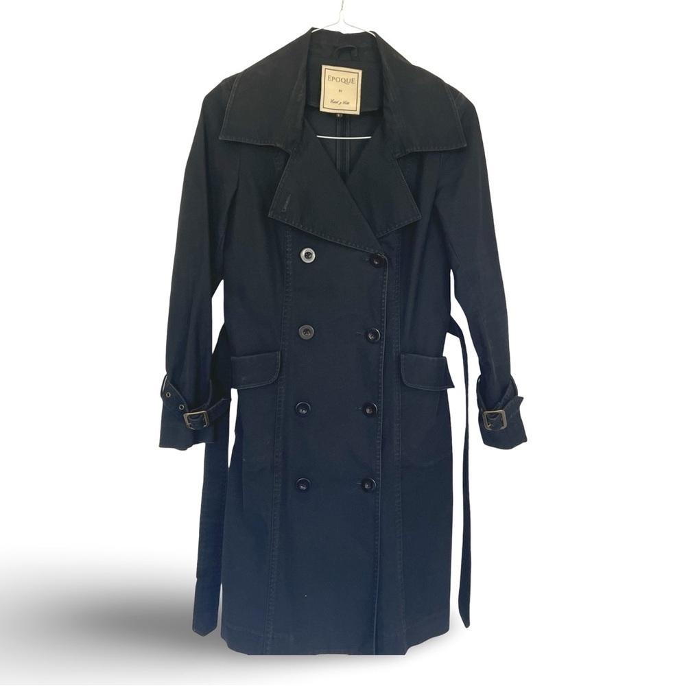 Edith & Ella Double Breasted Black Trench Coat size S Dry Cleaned Cotton Coat